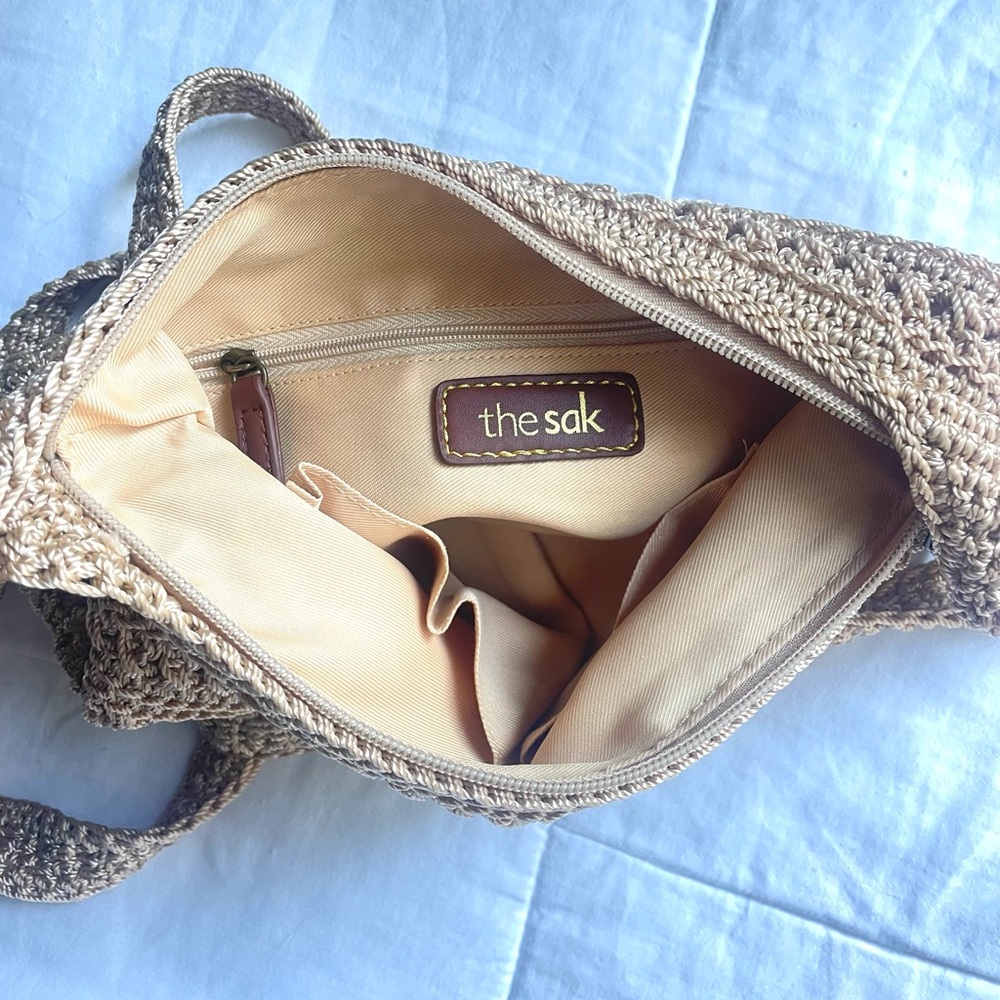 The Sak Crochet Knit Woven Boho Crossbody Shoulder Handbag Purse Ecru 10x10 - Picture 6 of 7